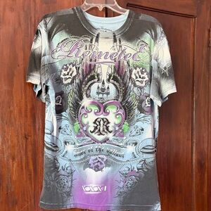 Remetee Men's Short Sleeve Graphic Tee — Gray with Purple & Green Accents